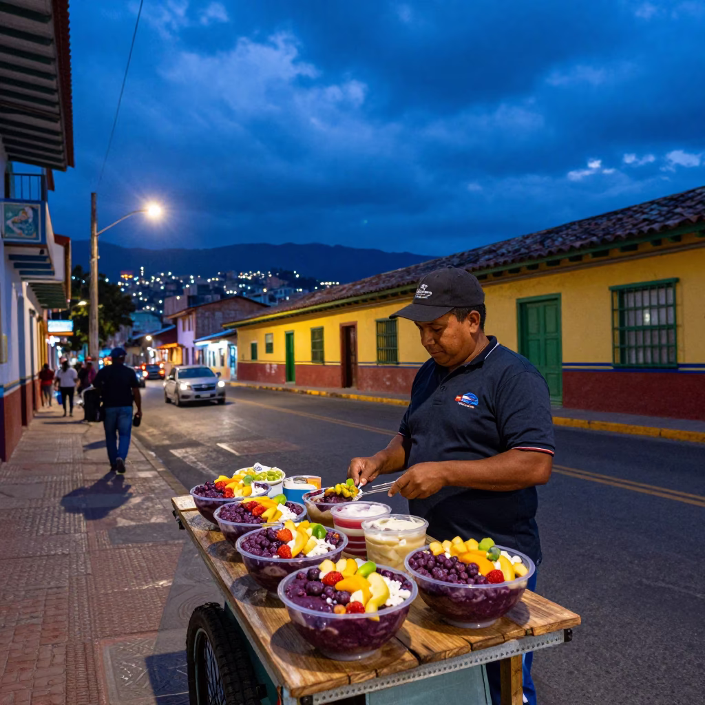 Colorful Twilight Street Scene in Medellin Colombia with Local Food Vendor and Cable Car in in Medellin, Colombia