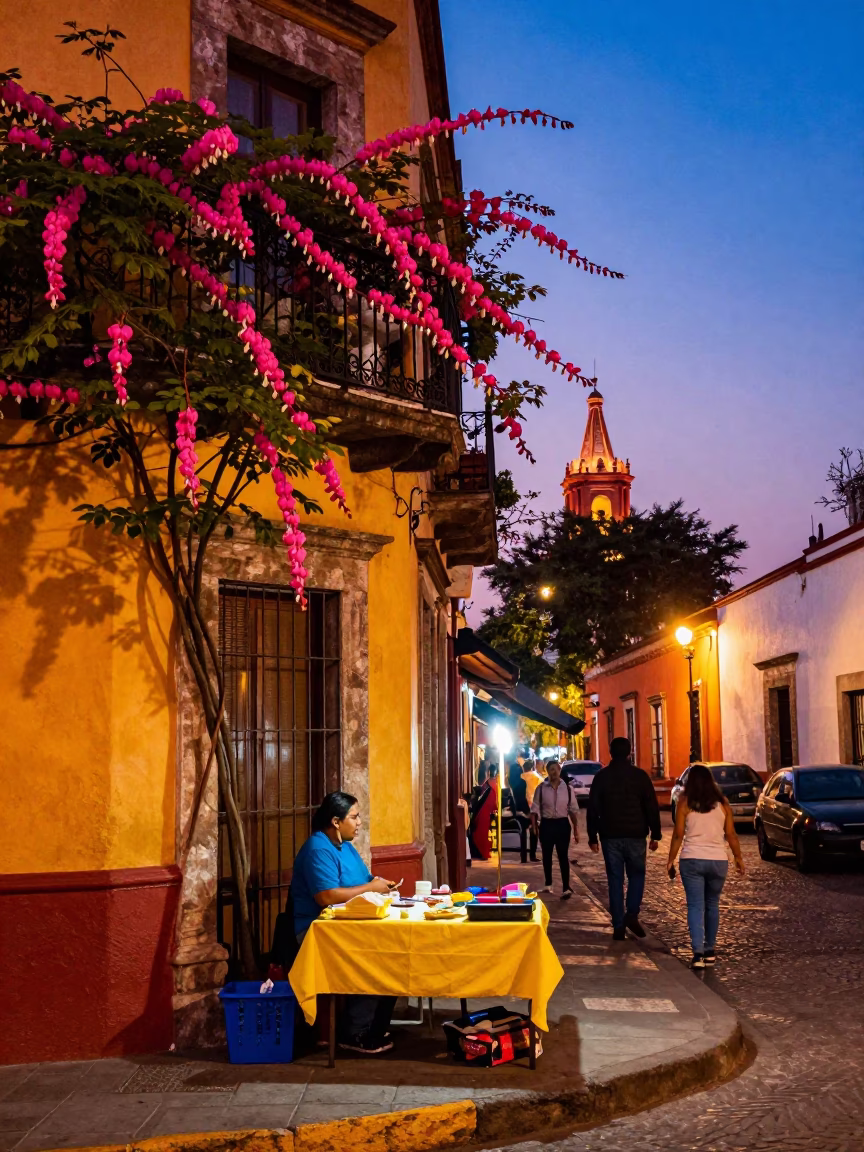 Colorful Twilight Street Scene in Mexico City with Bleeding Heart Vine and Picnic in in Mexico City, Mexico