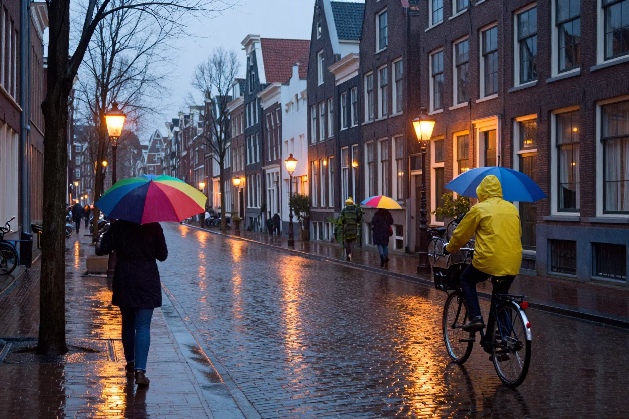 Colorful Umbrellas and Wet Cobblestones in Amsterdam Dusk Rain Scene in in Amsterdam, Netherlands