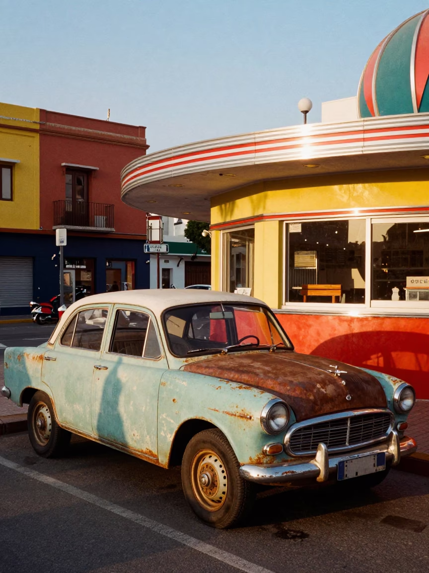 Colorful Valencia Street Scene Late Afternoon with Vintage Car and Local Life in in Valencia, Spain