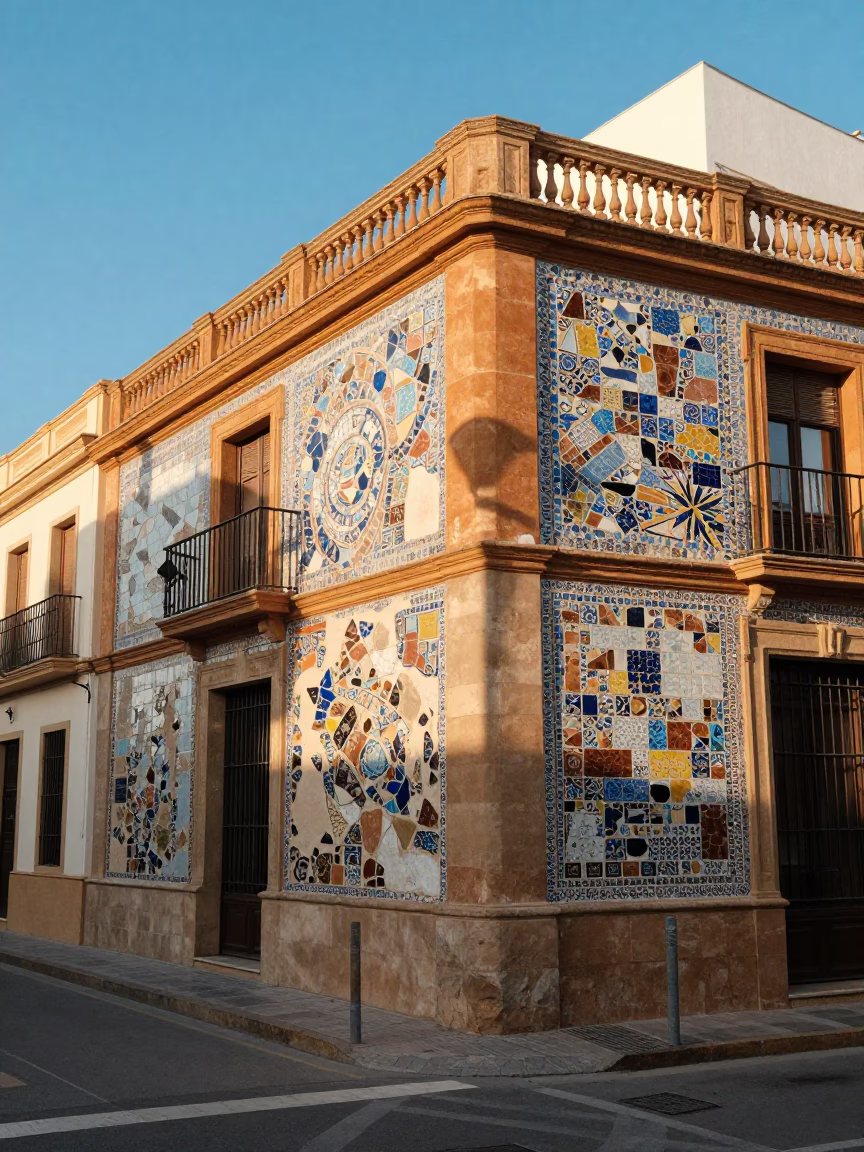 Colorful Valencia Street Scene with Mosaic Tiles and Local Life in Late Afternoon Light in in Valencia, Spain
