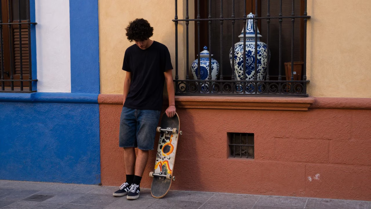 Colorful Valencia Street Scene with Skateboard and Porcelain Jar in Early Evening Light in in Valencia, Spain