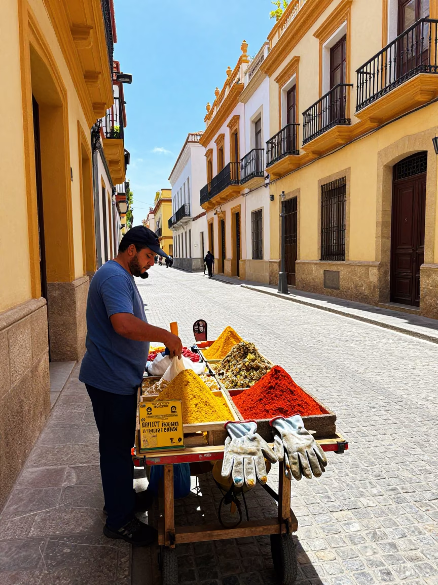 Colorful Valencia Street Scene with Work Gloves and Spice Jar Under Noon Sun in in Valencia, Spain
