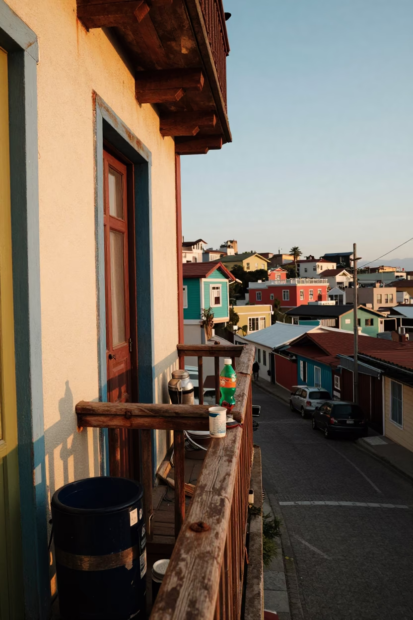 Colorful Valparaiso Balcony with Rusty Hinges and Evening Light in in Valparaiso, Chile