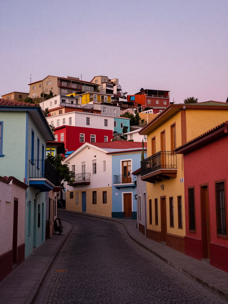 Colorful Valparaiso Chile Early Evening Street Scene with Local Life and Architecture in in Valparaiso, Chile