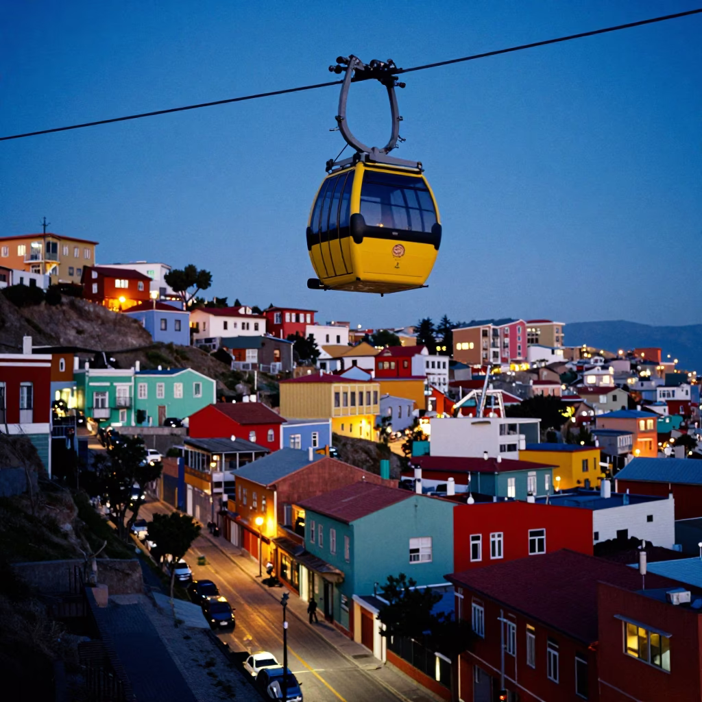 Colorful Valparaiso Chile Evening Street Scene with Aerial Tramway Gondola in in Valparaiso, Chile