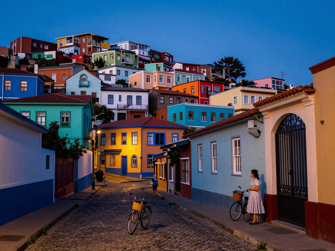 Colorful Valparaiso Chile Evening Street Scene with Bicycle Basket and Cobblestone Alley in in Valparaiso, Chile