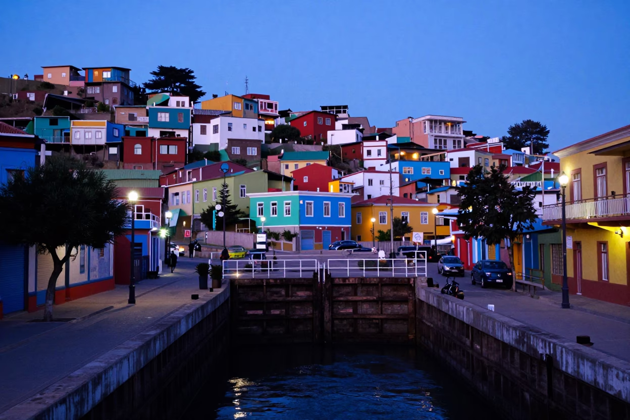 Colorful Valparaiso Chile Evening Street Scene with Crumbling Canal Lock and Local Life in in Valparaiso, Chile