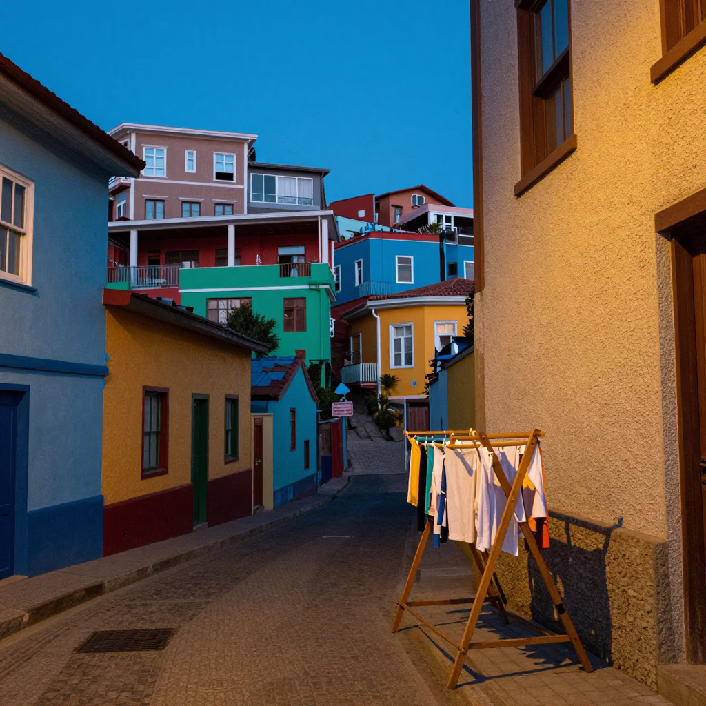 Colorful Valparaiso Chile Evening Street Scene with Drying Rack and Cobblestone Alley in in Valparaiso, Chile