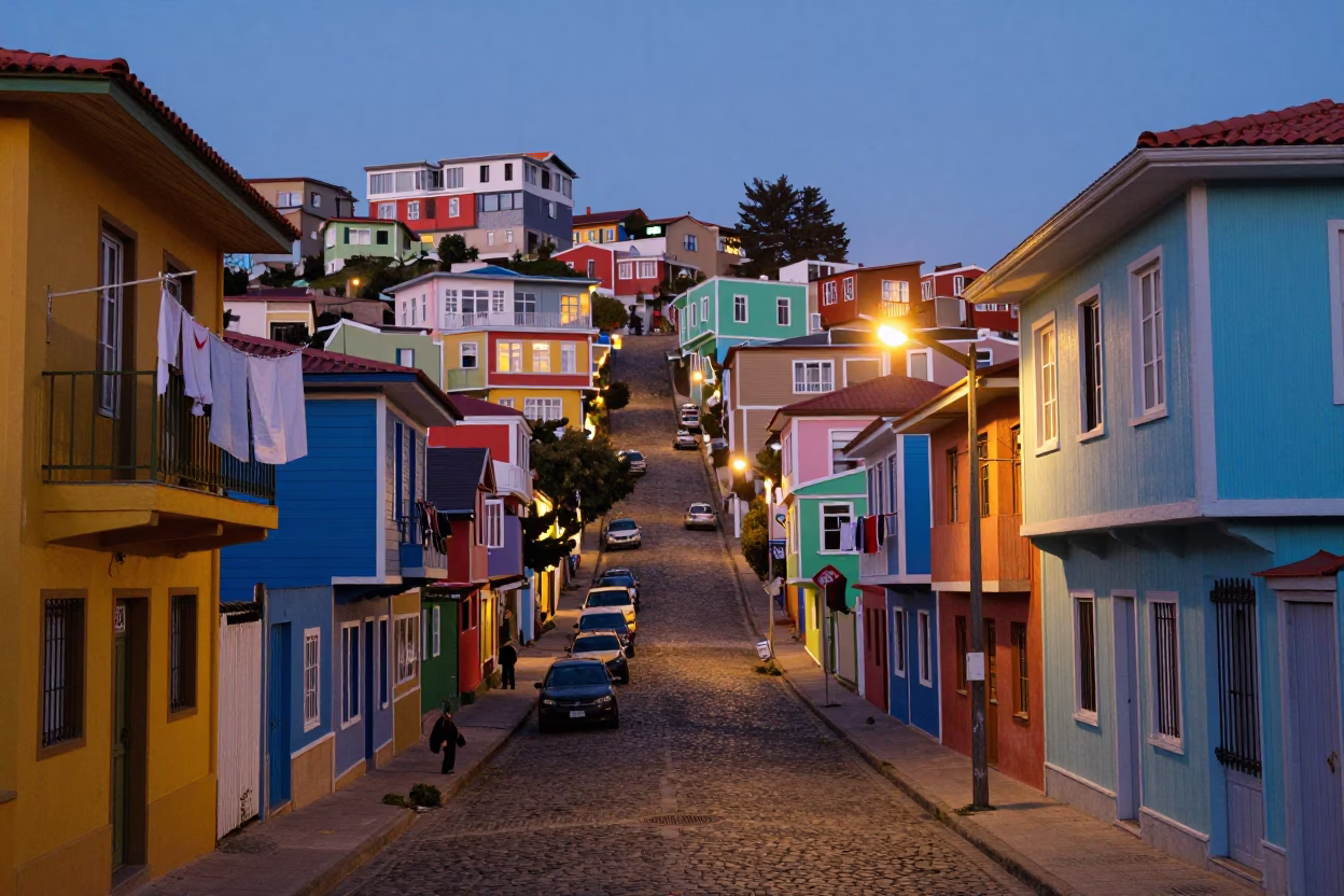 Colorful Valparaiso Chile Evening Street Scene with Laundry and Urban Decay in in Valparaiso, Chile