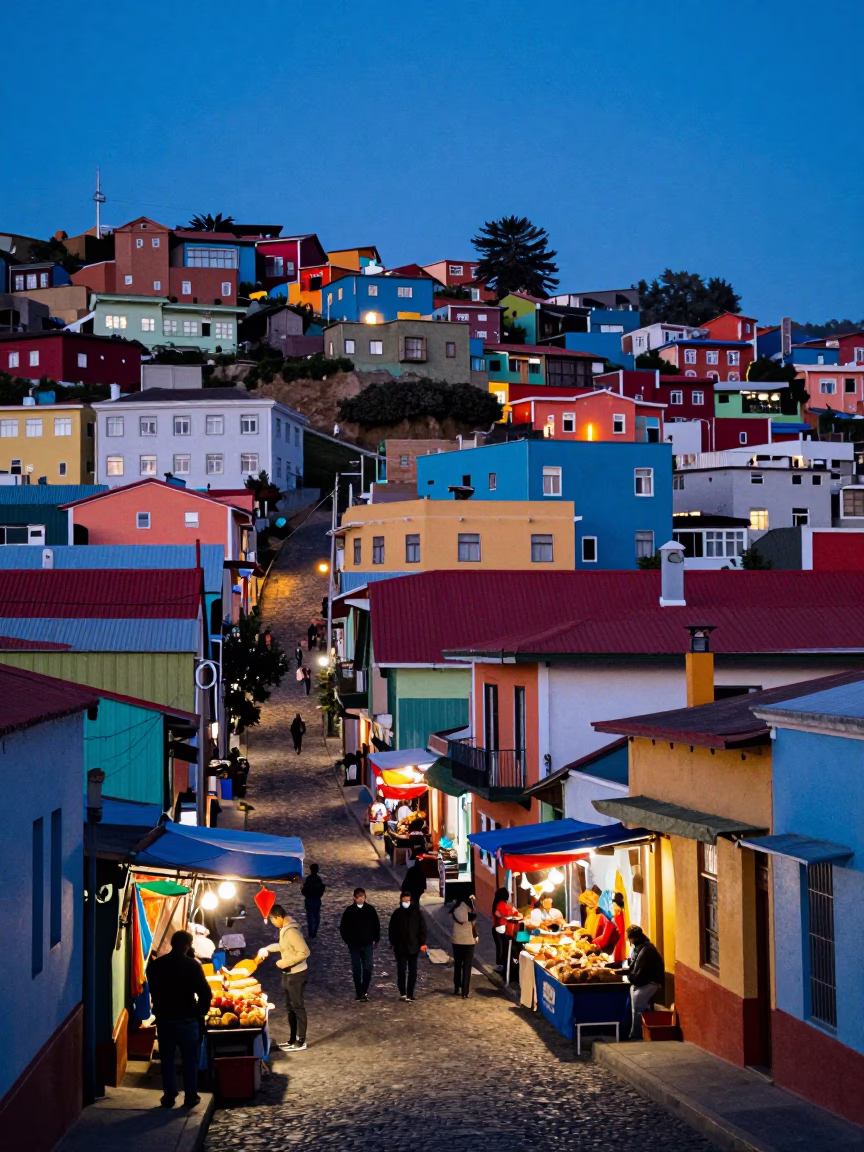 Colorful Valparaiso Chile Evening Street Scene with Local Market Activity in in Valparaiso, Chile