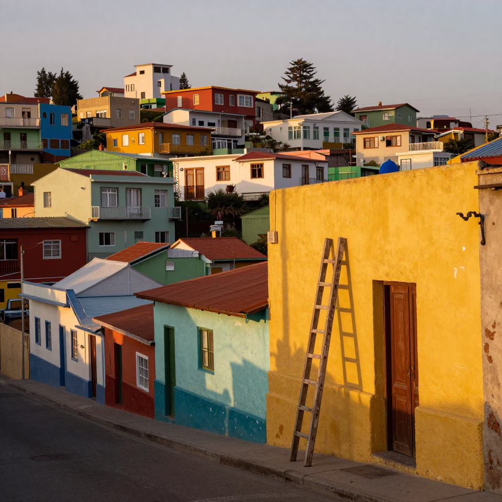 Colorful Valparaiso Chile Evening Street Scene with Paint Flecks and Ladder in in Valparaiso, Chile