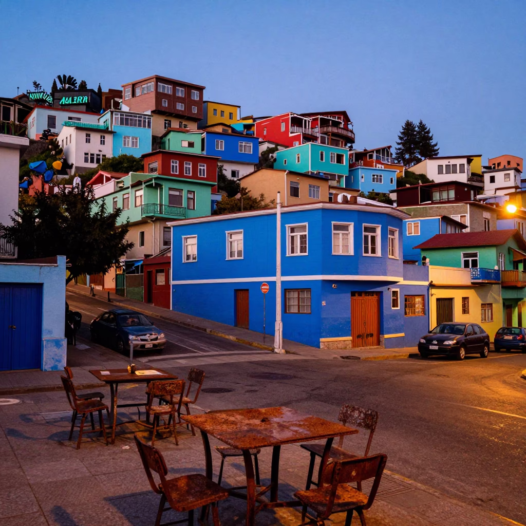 Colorful Valparaiso Chile Evening Street Scene with Rusty Tables and Watering Jugs in in Valparaiso, Chile