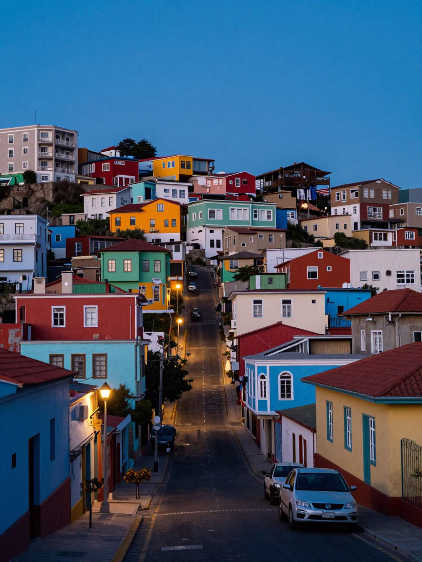 Colorful Valparaiso Chile Evening Street Scene with Vintage Architecture and Local Life in in Valparaiso, Chile