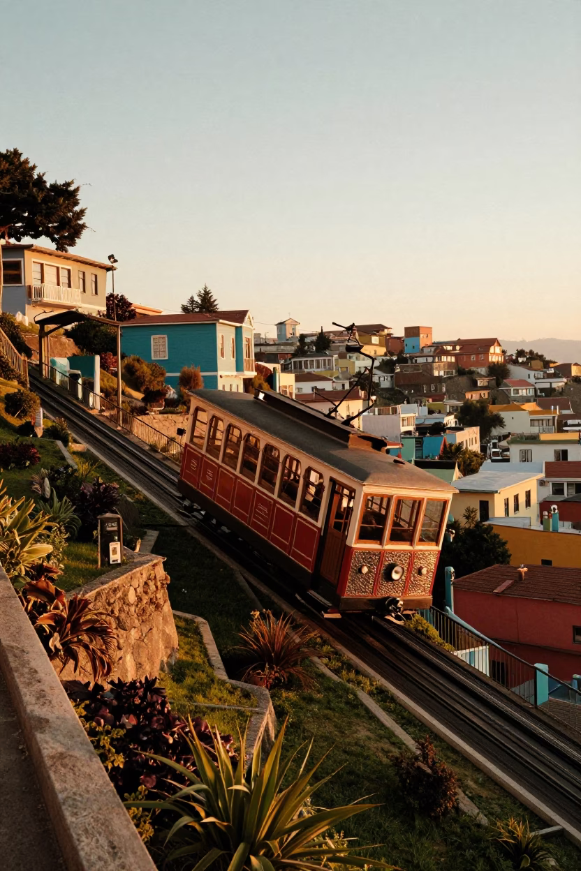 Colorful Valparaiso Chile Hillside Funicular and Hammered Metal Details at Sunset in in Valparaiso, Chile