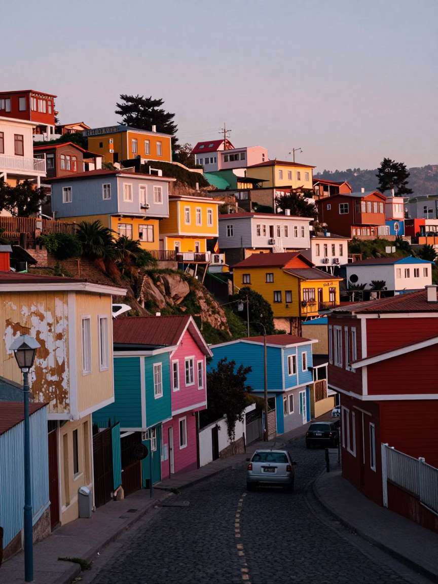 Colorful Valparaiso Chile Hillside Street Scene at Nautical Dawn with Local Life in in Valparaiso, Chile