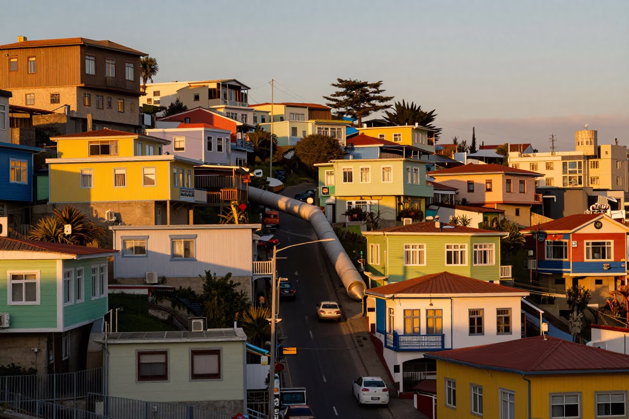 Colorful Valparaiso Chile Hillside Street Scene Honeyed Evening Light with District Heating Pipe in in Valparaiso, Chile
