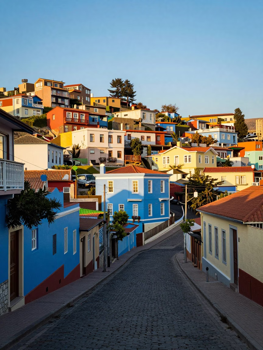 Colorful Valparaiso Chile Hillside Street Scene Late Afternoon Light with Local Life in in Valparaiso, Chile
