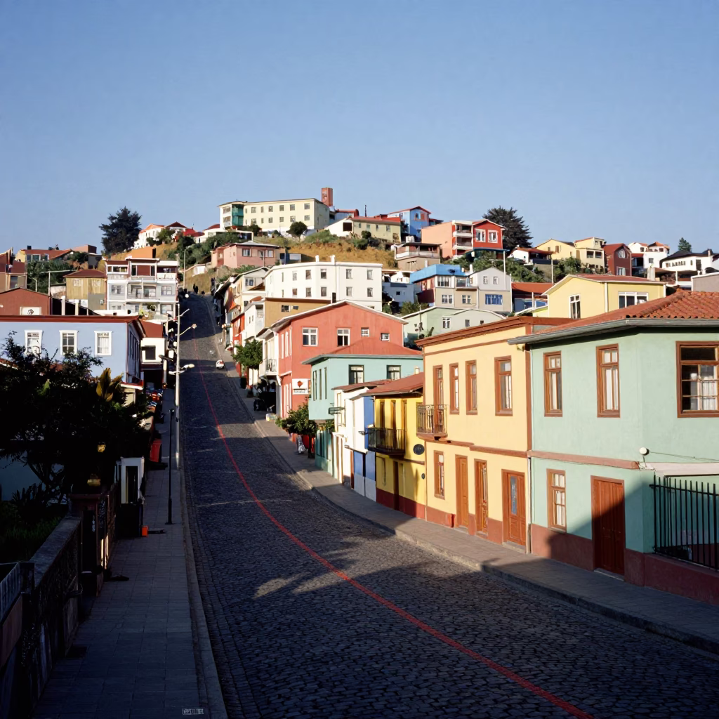Colorful Valparaiso Chile Hillside Street Scene Late Morning Light in in Valparaiso, Chile