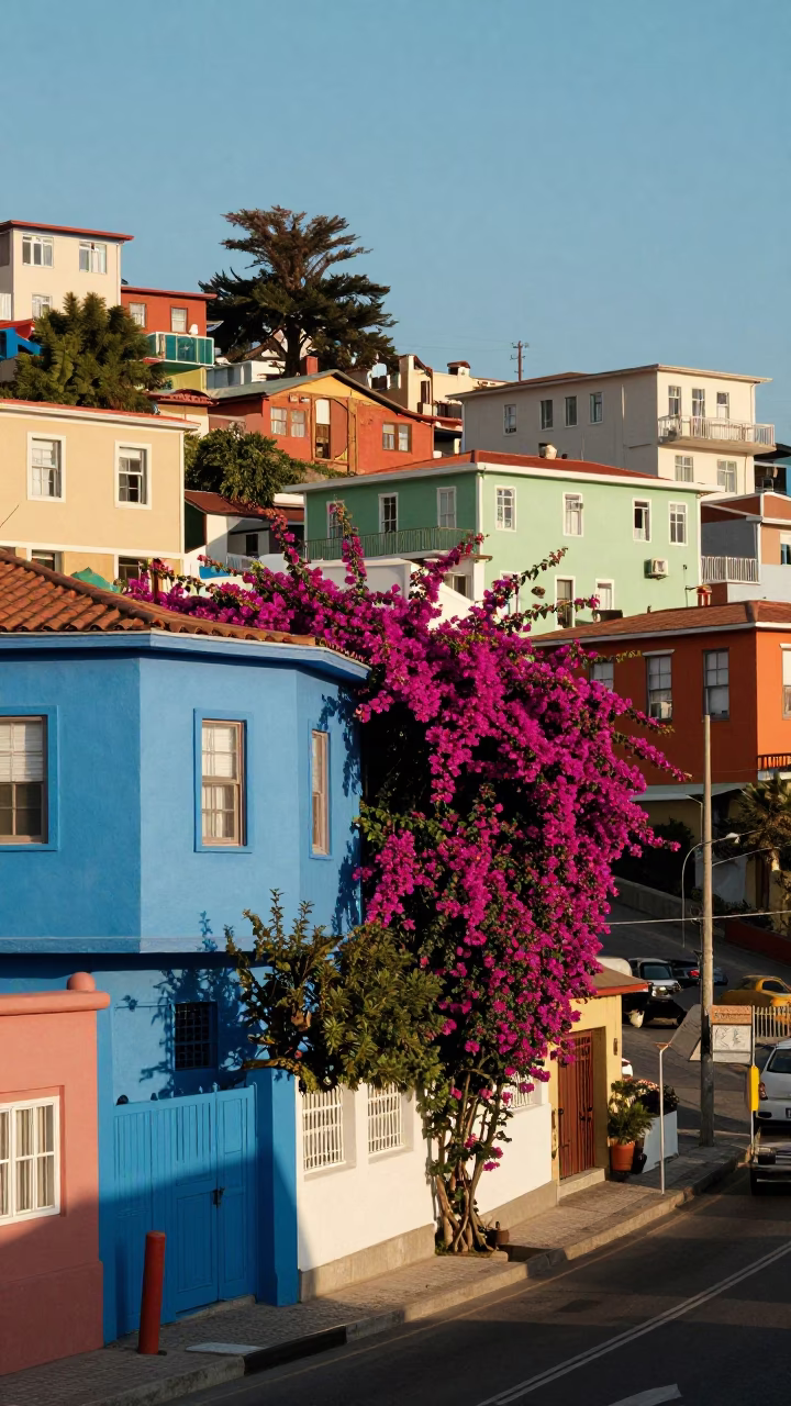 Colorful Valparaiso Chile Hillside Street Scene with Bougainvillea and Water Taxi in in Valparaiso, Chile