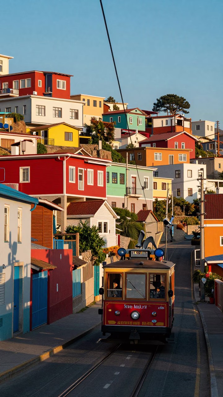 Colorful Valparaiso Chile Hillside Street Scene with Cable Car Transport in Early Afternoon Light in in Valparaiso, Chile