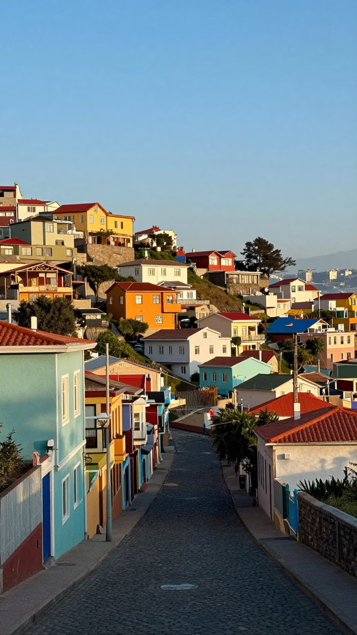 Colorful Valparaiso Chile Hillside Street Scene with Cobblestone and Coastal Light in in Valparaiso, Chile