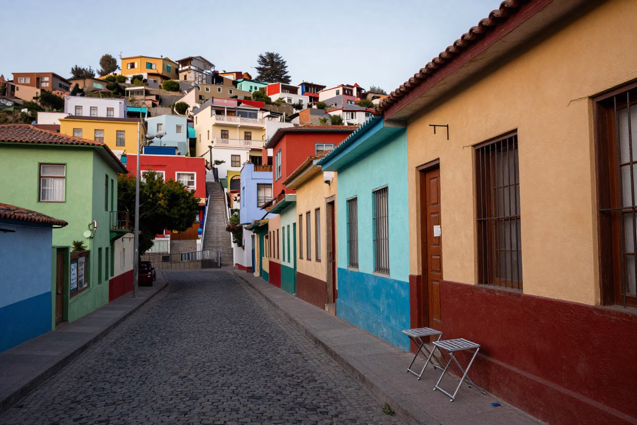Colorful Valparaiso Chile Hillside Street Scene with Folding Stools and Local Life in in Valparaiso, Chile