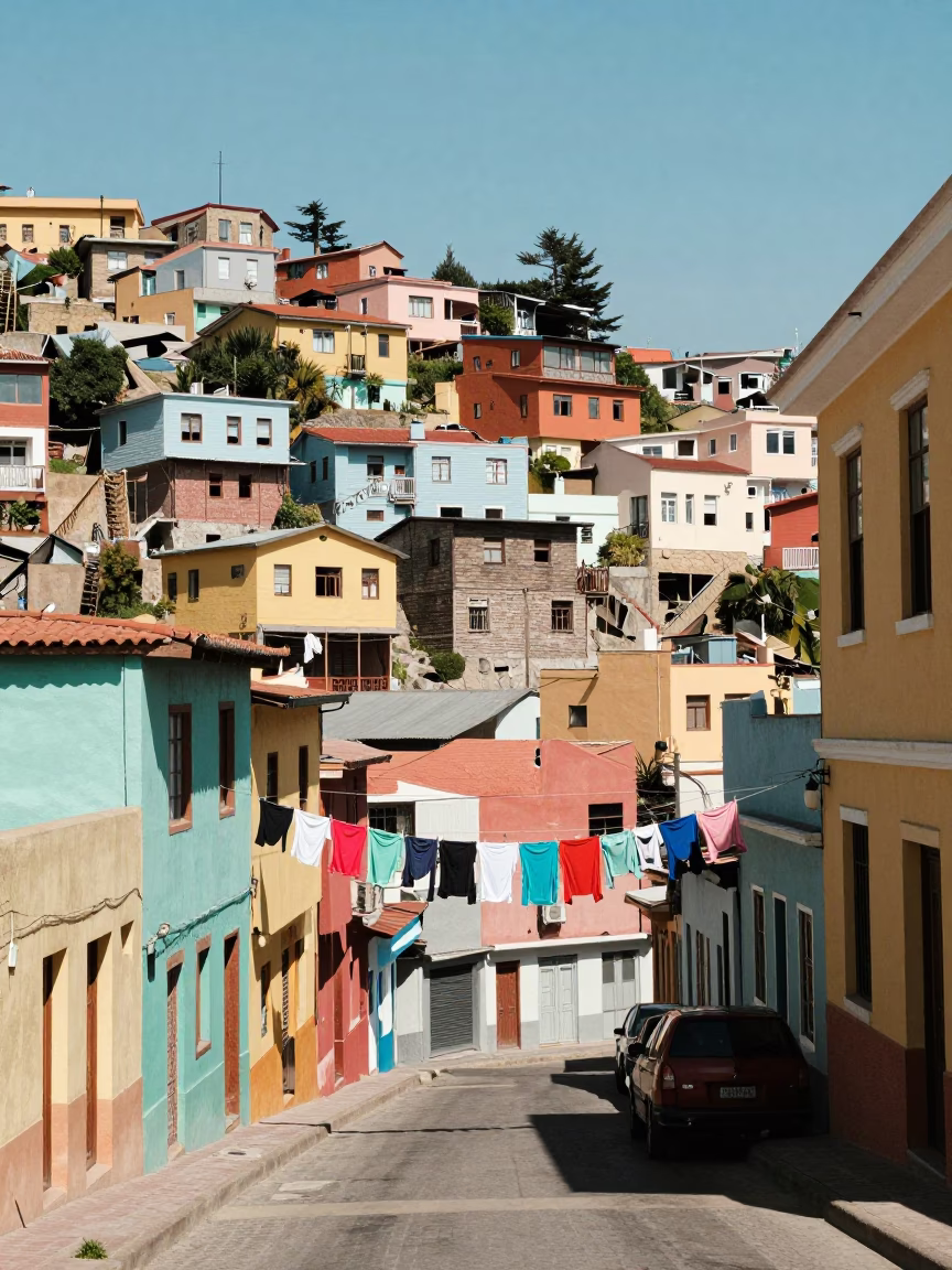 Colorful Valparaiso Chile Midday Street Scene with Hanging Laundry and Urban Architecture in in Valparaiso, Chile