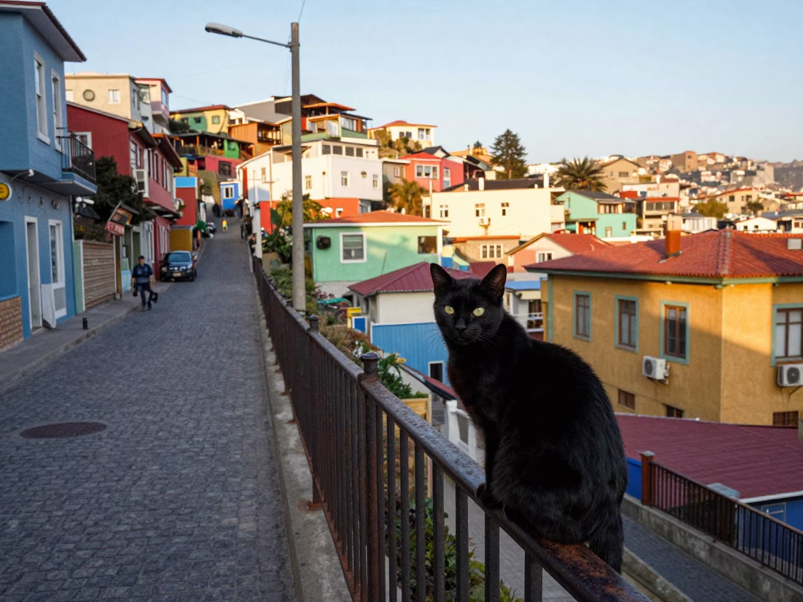 Colorful Valparaiso Chile Morning Street Scene with Local Cat and Urban Details in in Valparaiso, Chile