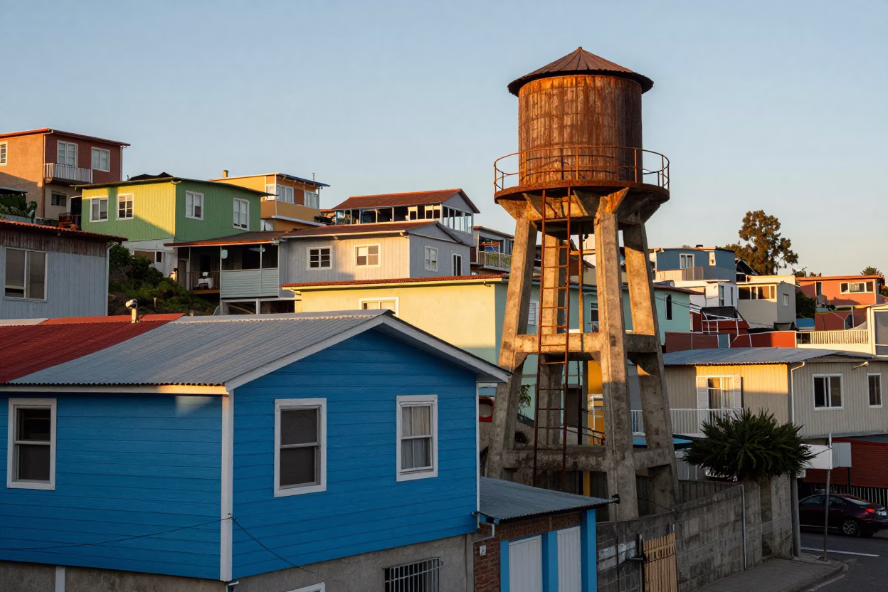 Colorful Valparaiso Chile Morning Street Scene with Water Tower Ladder and Mist in in Valparaiso, Chile