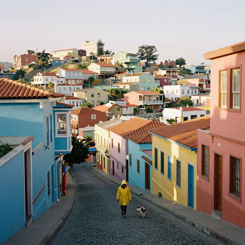 Colorful Valparaiso Chile Steep Hill Street Scene Morning Light and Local Life in in Valparaiso, Chile