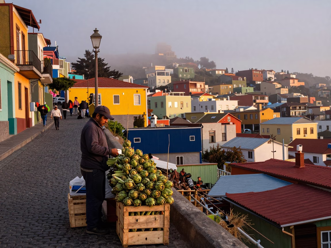 Colorful Valparaiso Chile Street Scene at Dawn with Artichokes and Local Market Activity in in Valparaiso, Chile