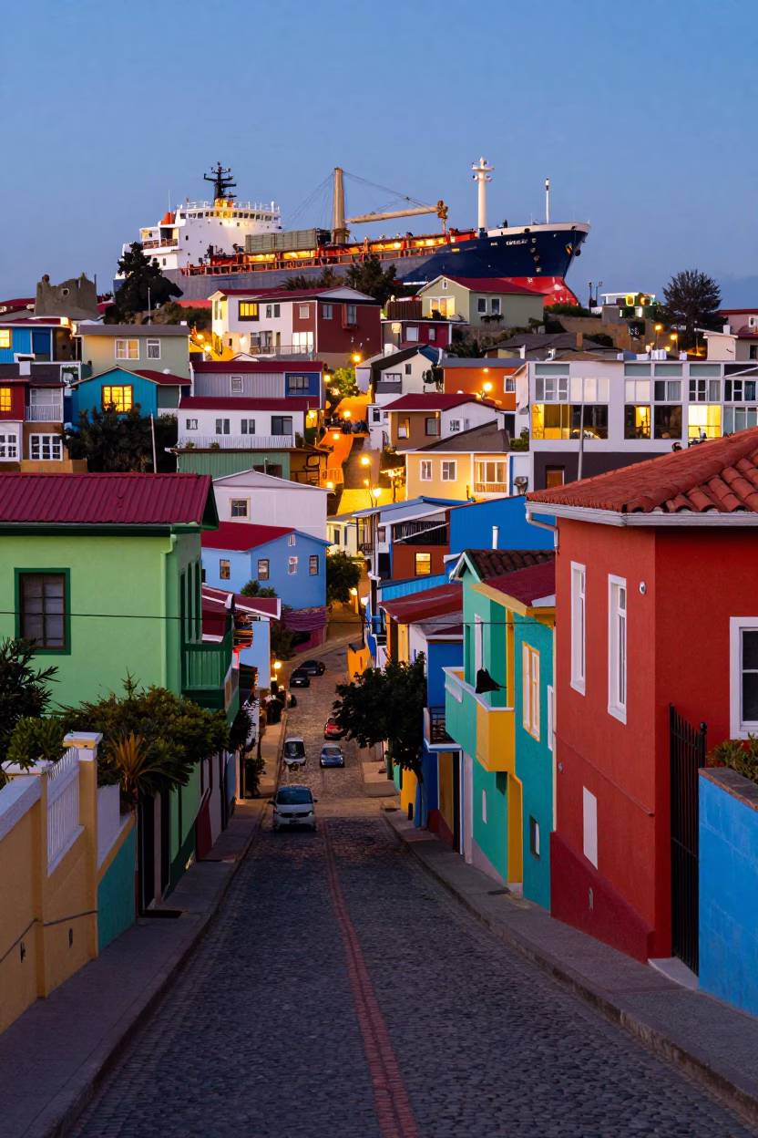 Colorful Valparaiso Chile Street Scene at Dusk with Cargo Ship Horizon in in Valparaiso, Chile