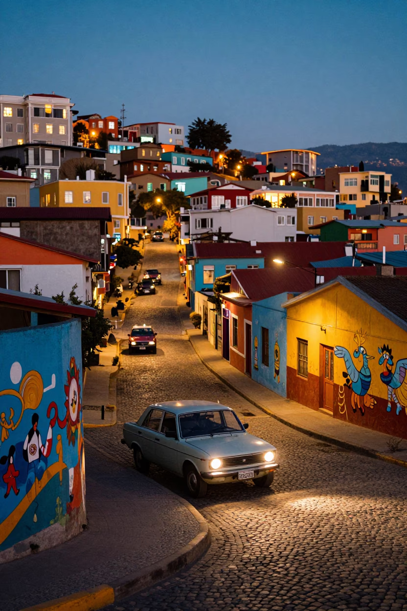 Colorful Valparaiso Chile Street Scene at Dusk with Vintage 1980s Aesthetic and Local Life in in Valparaiso, Chile