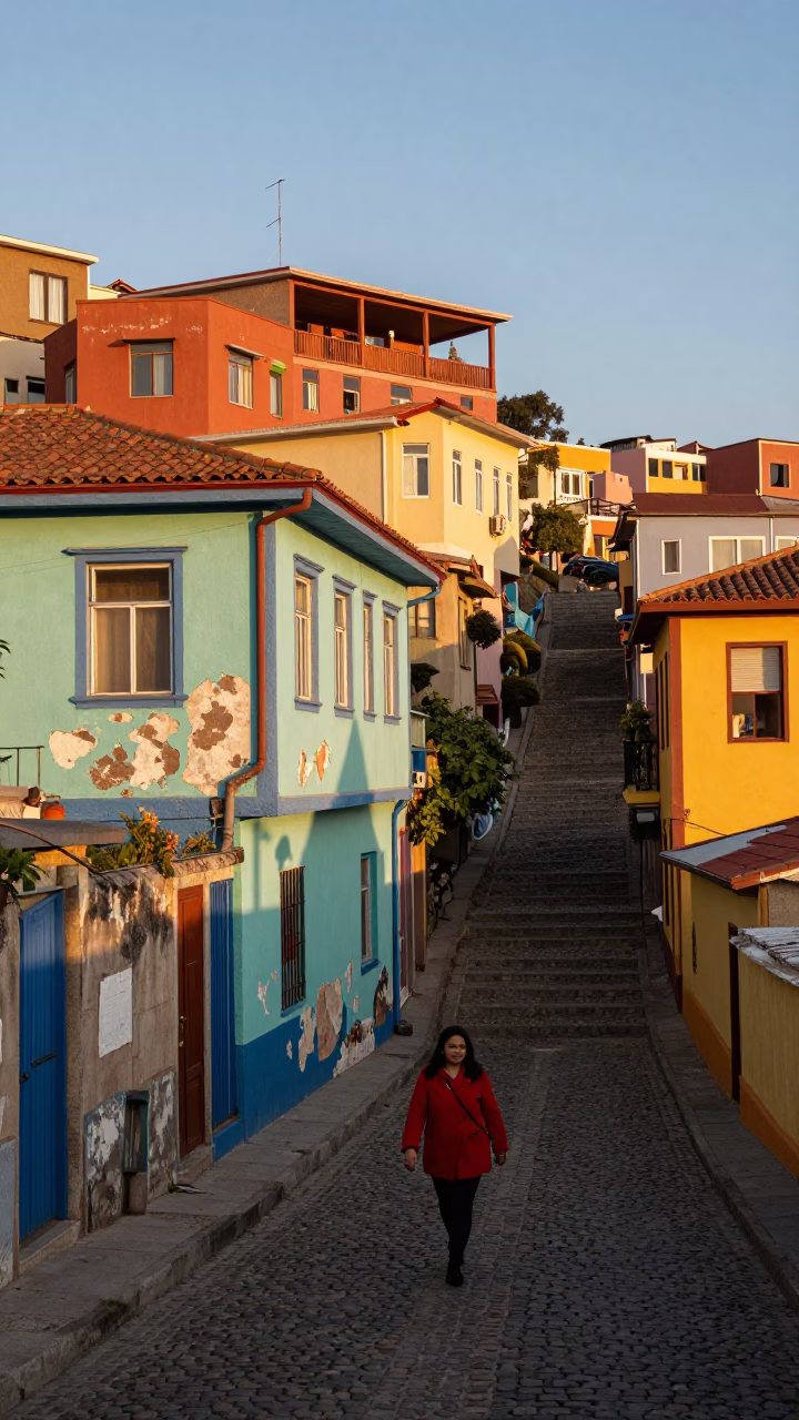 Colorful Valparaiso Chile Street Scene at Golden Hour with Weathered Architecture in in Valparaiso, Chile