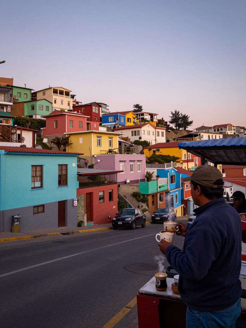 Colorful Valparaiso Chile Street Scene at Nautical Dawn with Coffee Mugs and Local Activity in in Valparaiso, Chile