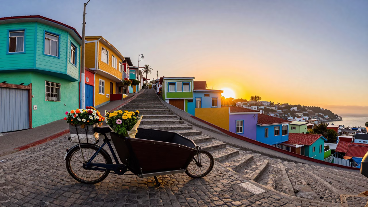 Colorful Valparaiso Chile Street Scene at Sunset with Cargo Bicycle and Rooftop Water Tower in in Valparaiso, Chile