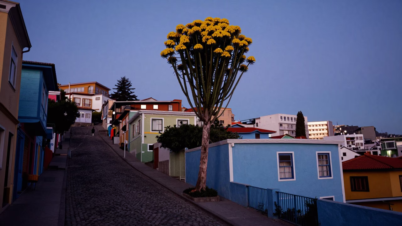 Colorful Valparaiso Chile Street Scene Before Dawn with Euphorbia Candelabra Tree in in Valparaiso, Chile