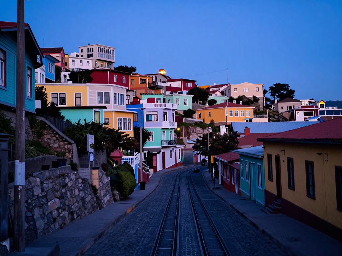 Colorful Valparaiso Chile Street Scene Before Dawn with Funicular Railway and Historic Architecture in in Valparaiso, Chile
