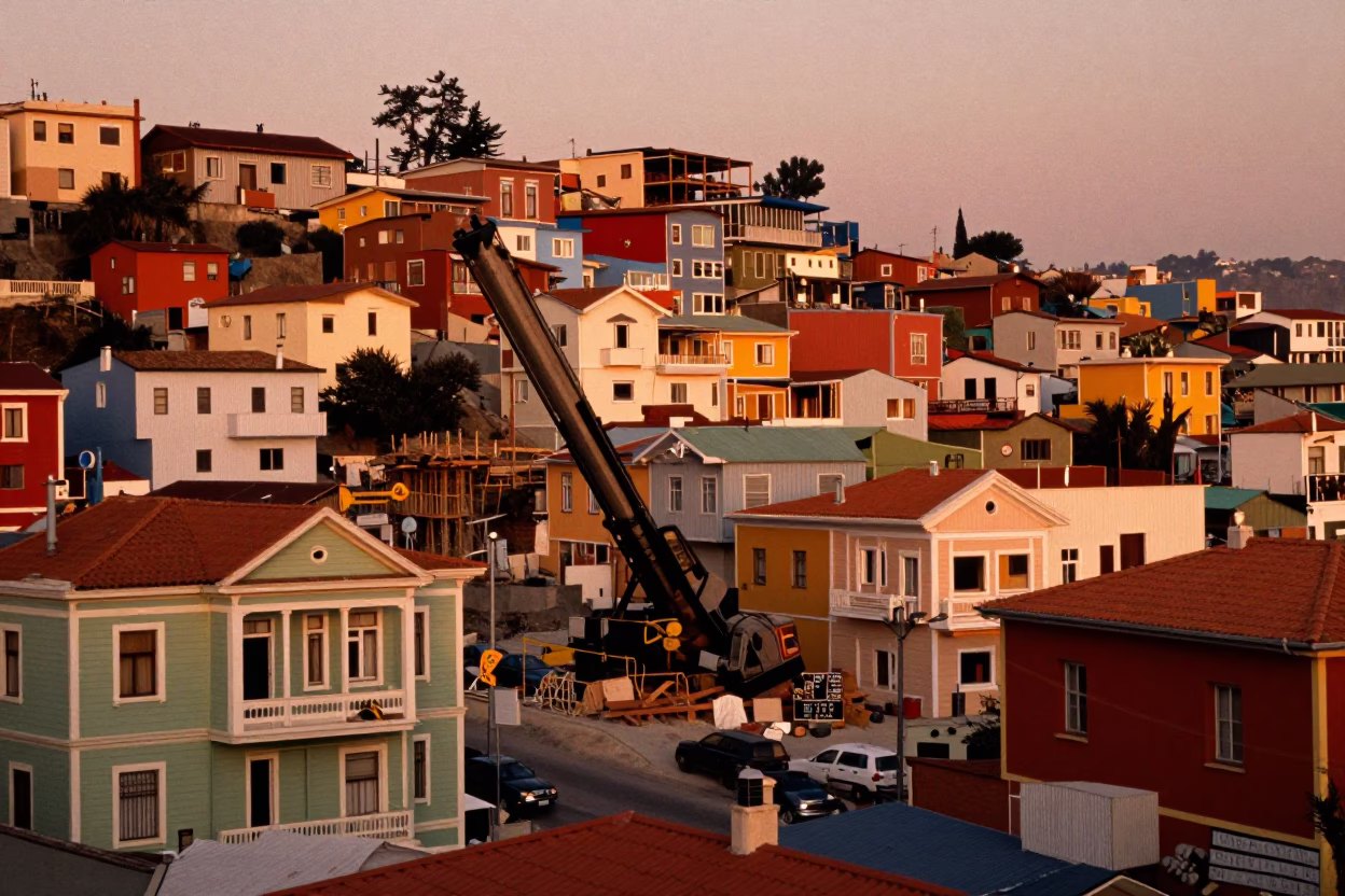 Colorful Valparaiso Chile Street Scene Before Dusk with Construction and Local Life in in Valparaiso, Chile