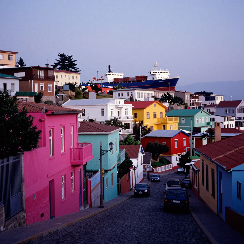 Colorful Valparaiso Chile Street Scene Before Sunrise with Cargo Ship Horizon in in Valparaiso, Chile