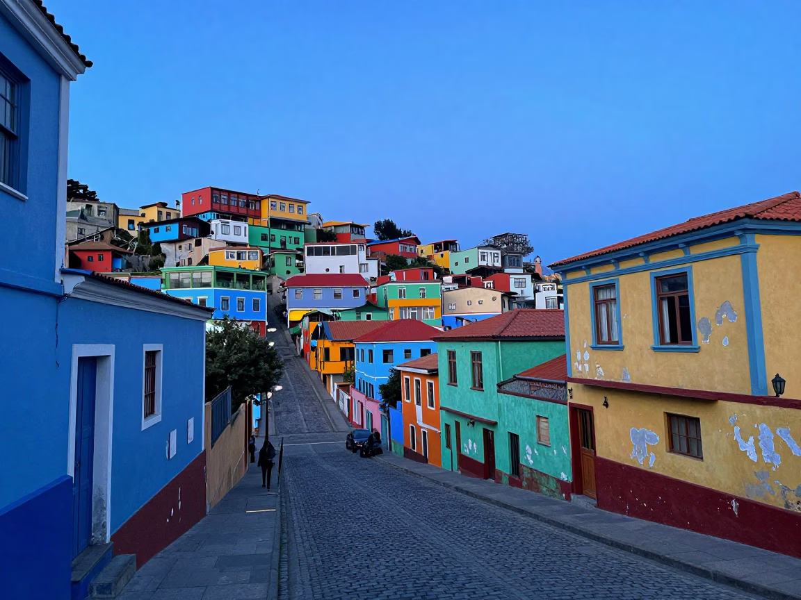 Colorful Valparaiso Chile Street Scene Before Sunrise with Latch and Paintbrush in in Valparaiso, Chile