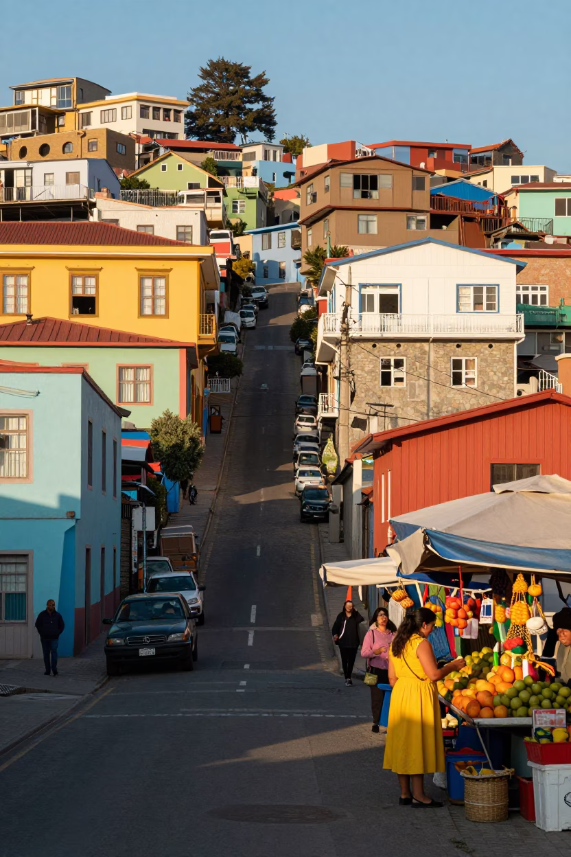 Colorful Valparaiso Chile Street Scene Early Afternoon with Local Market Activity in in Valparaiso, Chile