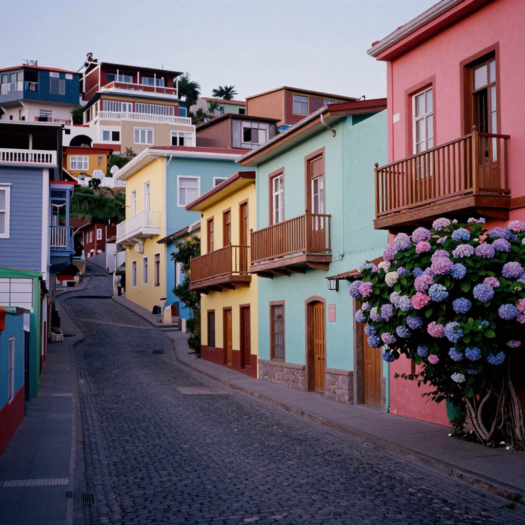 Colorful Valparaiso Chile Street Scene Early Evening with Hydrangea Bush in in Valparaiso, Chile