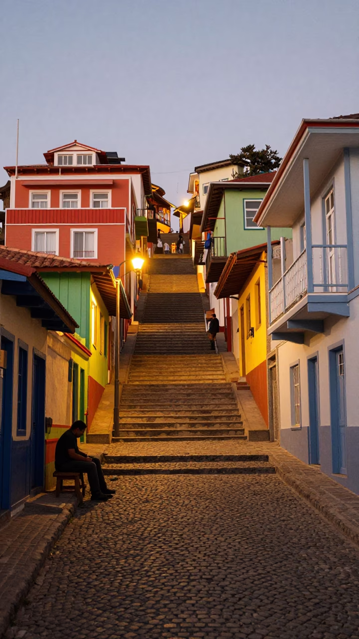 Colorful Valparaiso Chile Street Scene Evening Light Cobblestones and Local Commerce in in Valparaiso, Chile