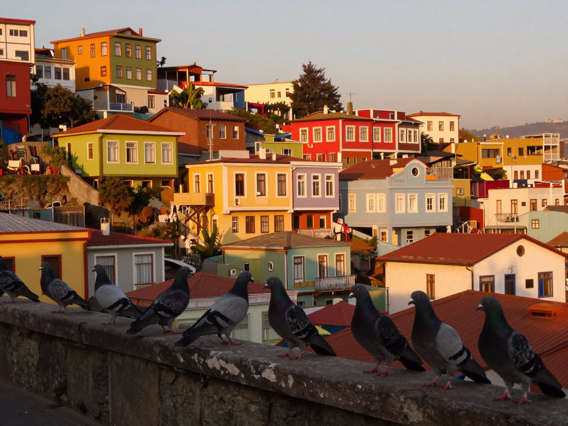 Colorful Valparaiso Chile Street Scene Honeyed Evening Light Pigeons and Local Architecture in in Valparaiso, Chile