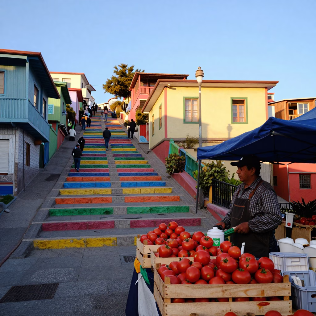 Colorful Valparaiso Chile Street Scene Late Afternoon Light with Local Market Vendors in in Valparaiso, Chile