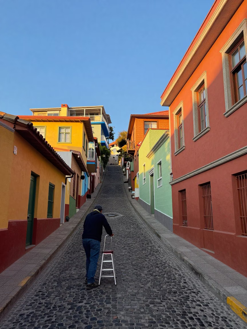 Colorful Valparaiso Chile Street Scene Late Afternoon Light in in Valparaiso, Chile