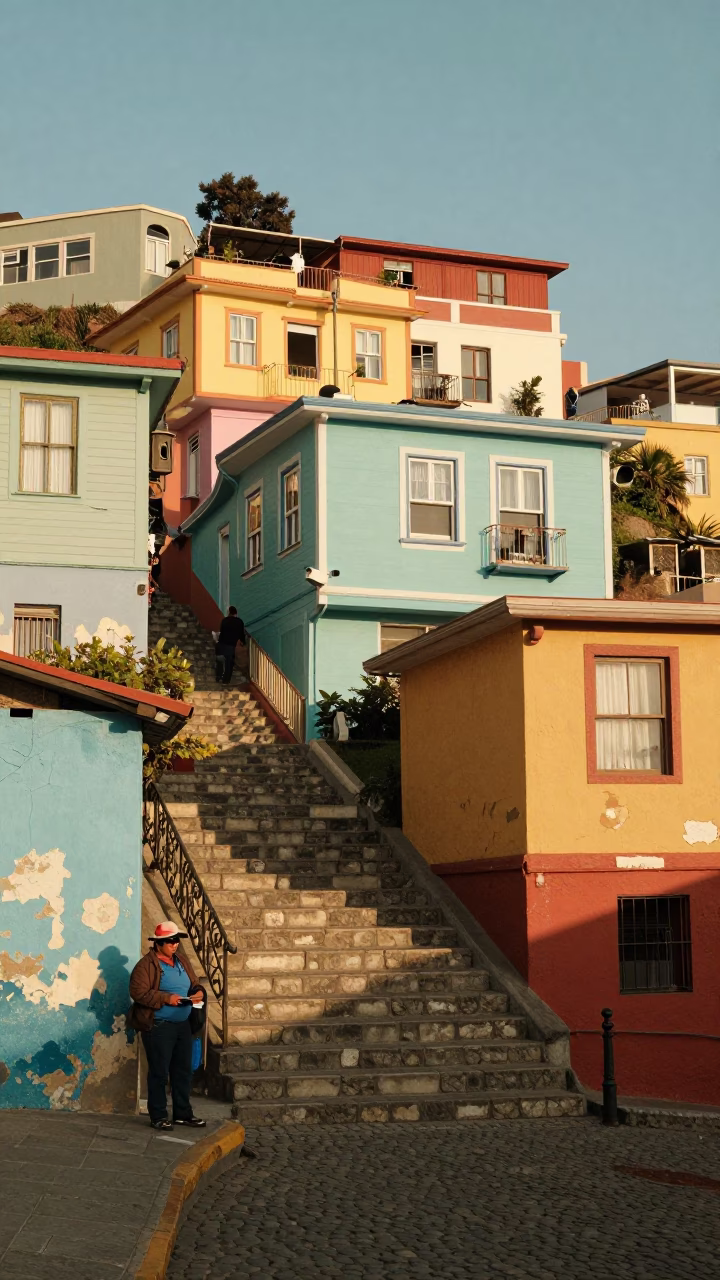 Colorful Valparaiso Chile Street Scene Late Morning Light with Local Details in in Valparaiso, Chile