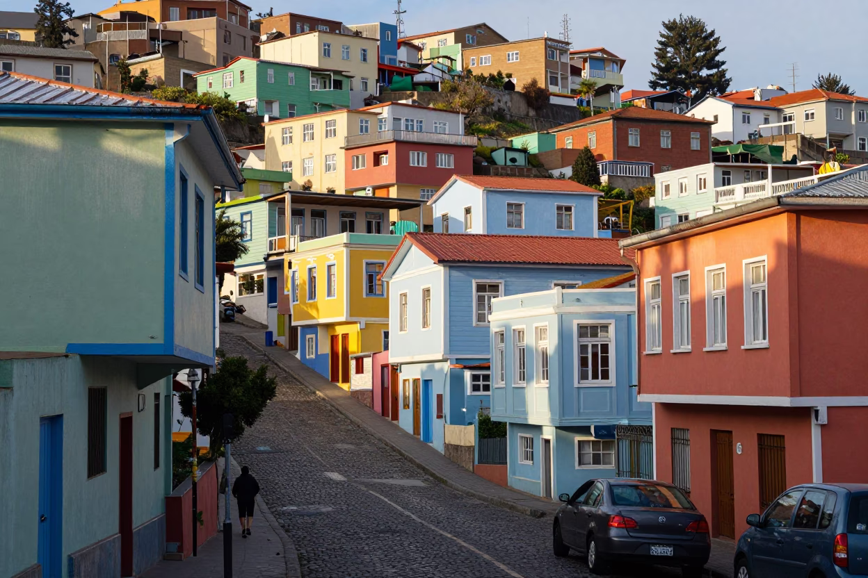 Colorful Valparaiso Chile Street Scene Late Morning with Condensation and Water Bottle in in Valparaiso, Chile